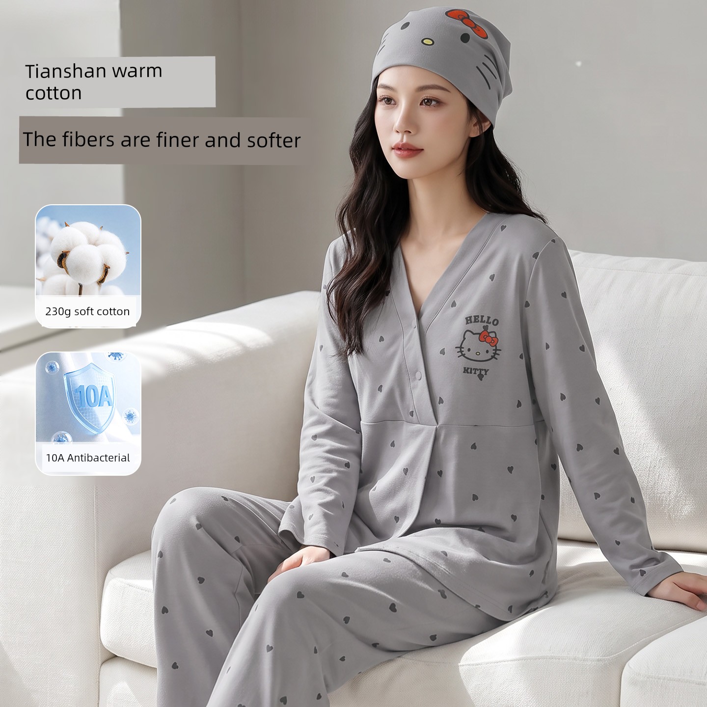 Anna Mommy's Pure Cotton Maternity Pajamas with Hat, Spring and Autumn Style, Nursing Sleepwear, Autumn and Winter Loungewear Set — 6
