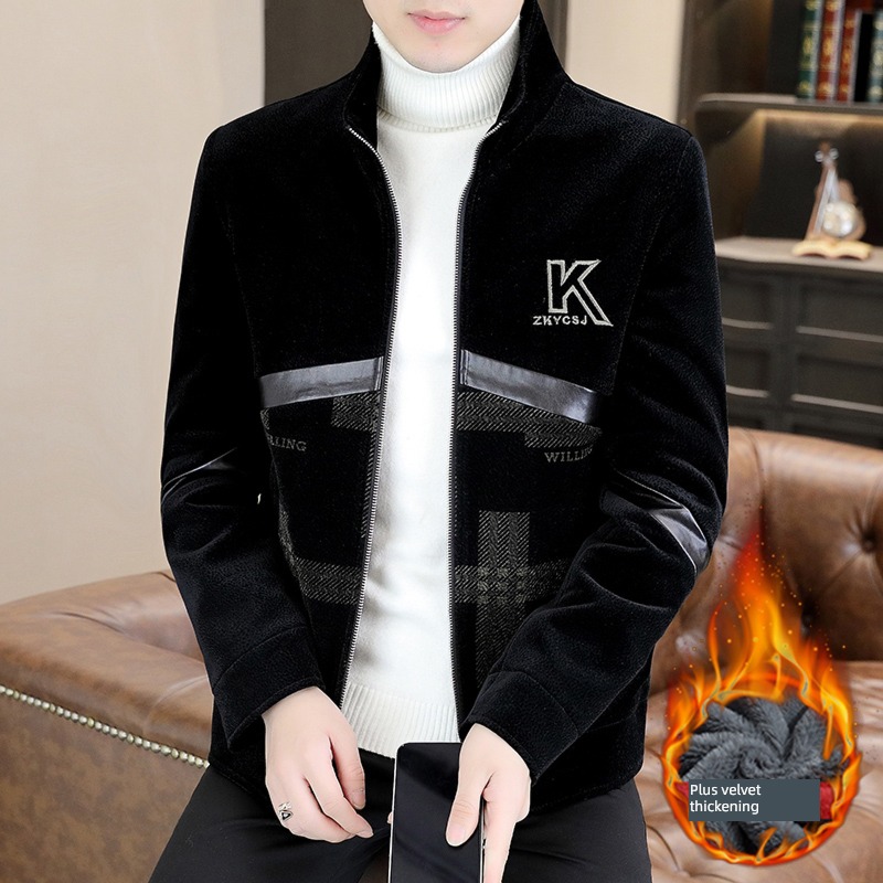 winter Plush thickening Jacket male stand collar Korean version Self-cultivation handsome trend leisure time men's wear have cash less than that is registered in the accounts Woolen cloth loose coat
