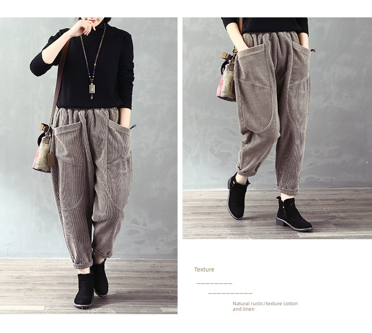 Elastic waist Big pocket leisure time thick corduroy trousers