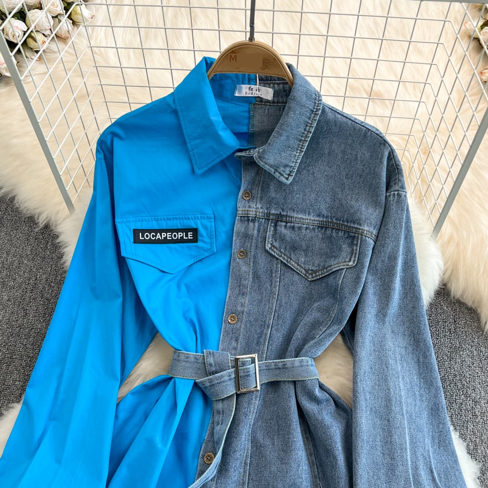 chic With belt Color matching leisure time jacket cowboy shirt