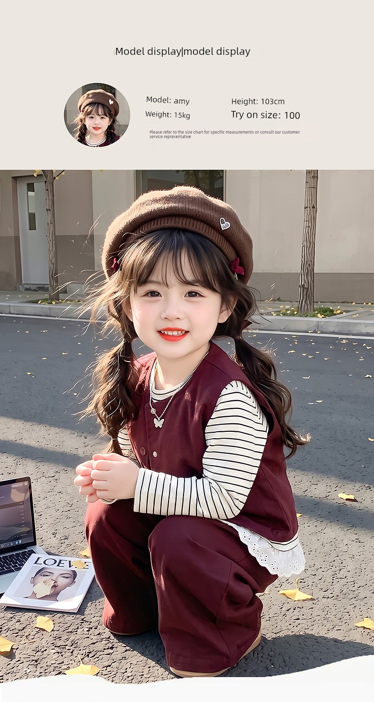 Girls' Stylish Loose-Fitting Spring and Autumn Striped Wide-Leg Pants Three-Piece Set, Super Cute Casual Korean-Style Outfit, Fashionable — 6