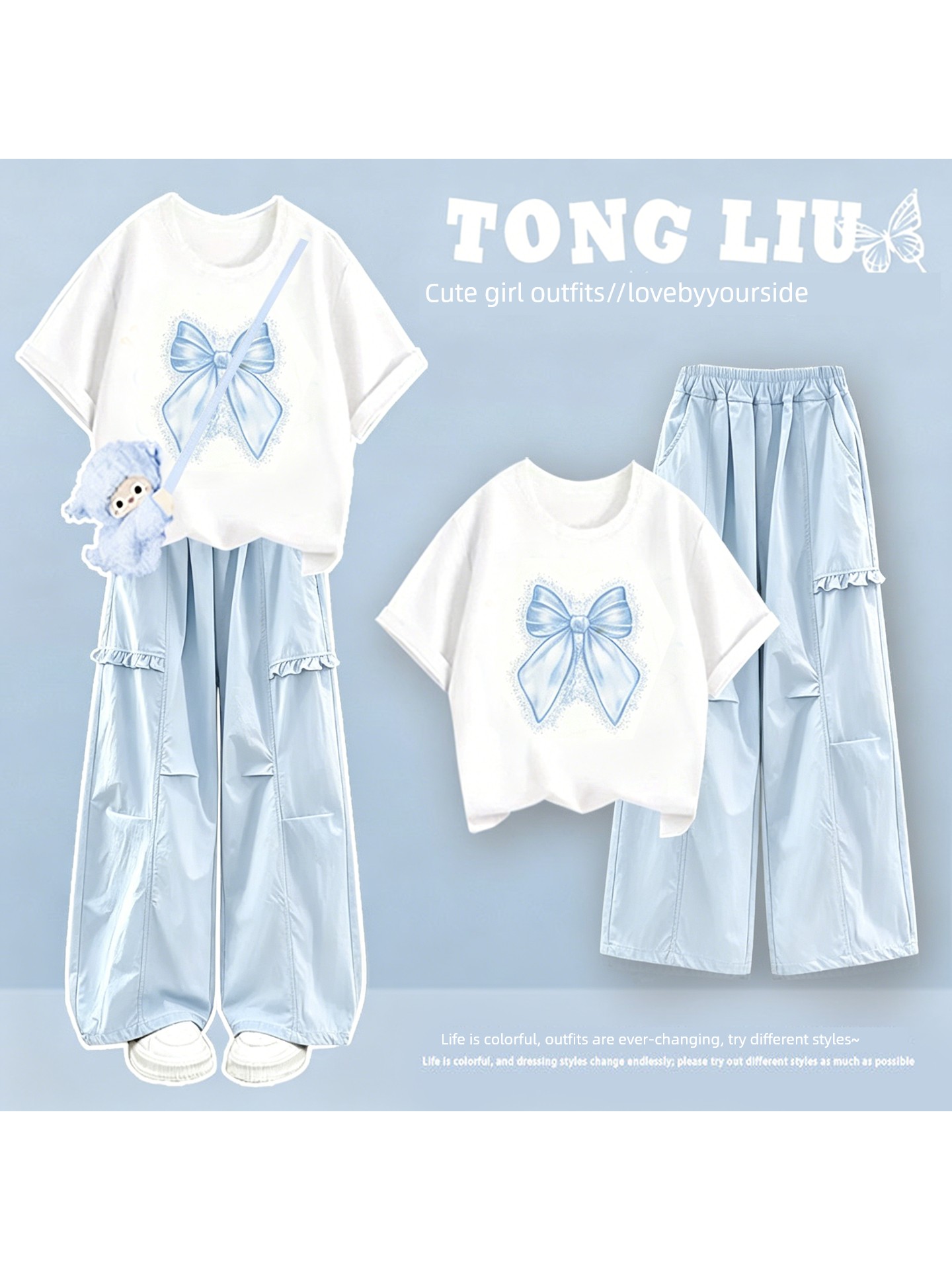 Girls' Short-Sleeved Summer Suit 2026 New Style for Middle School Students, Stylish Pure Cotton Clothing, Thin Cargo Pants — 3