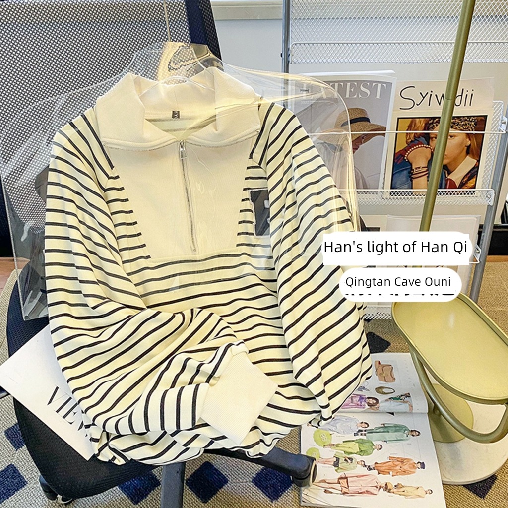 stripe easy Thin money Retro Hong Kong flavor Hooded Sweater