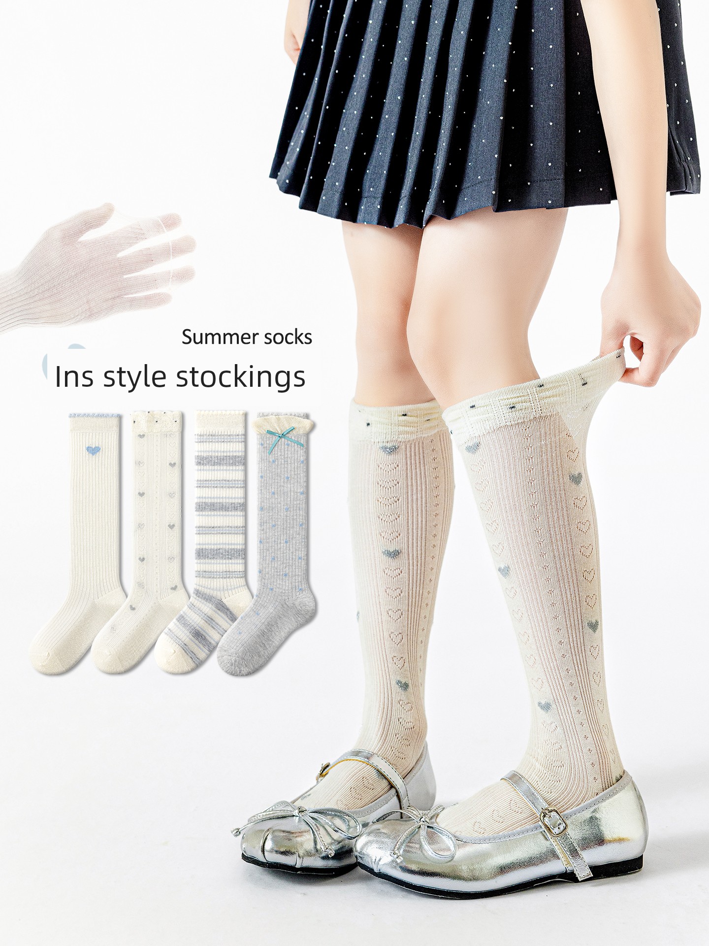 Girls' Long Socks, Summer Thin Style, Children's Student Bowknot Calf Socks, Summer Girls' Seamless Breathable Mesh Socks