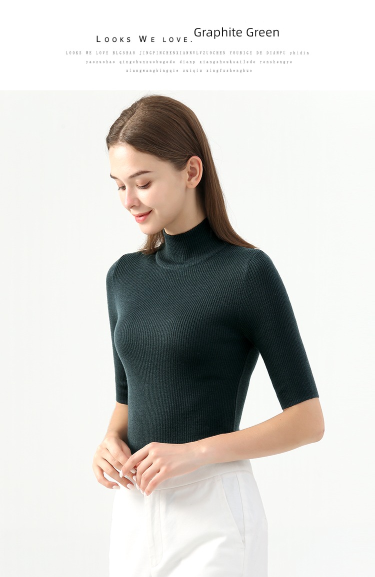 Self-cultivation Inner lap spring and autumn Half high collar black Short sleeve sweater