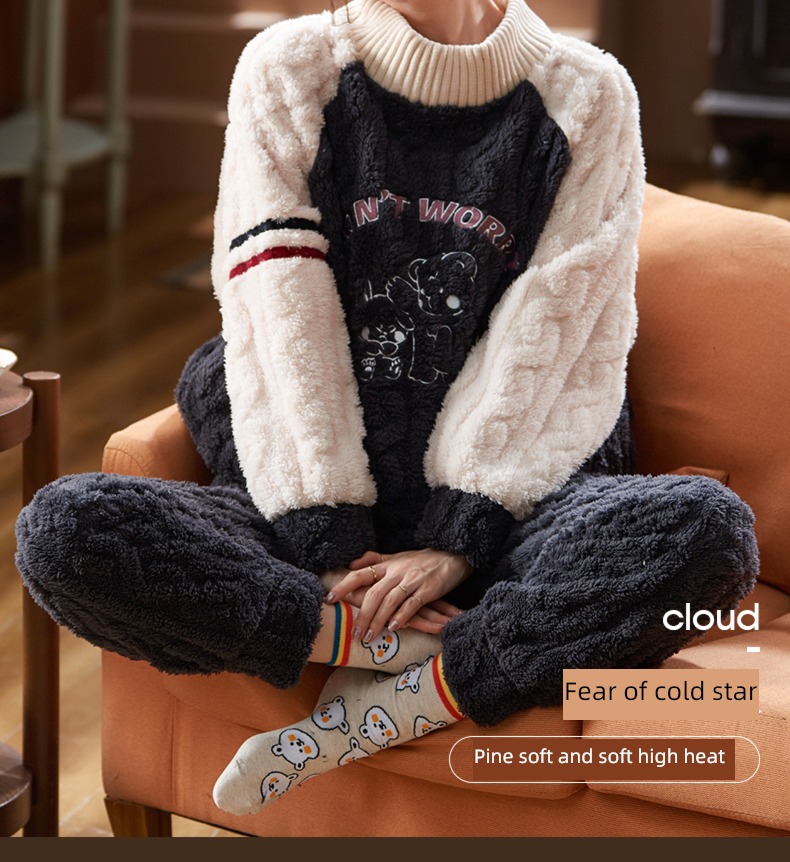 Coral velvet female spring and autumn winter keep warm flange pajamas