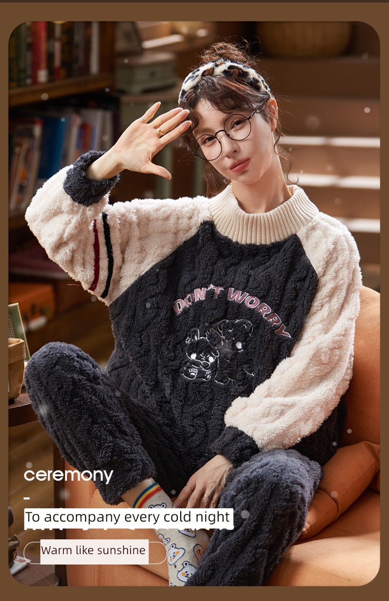 Coral velvet female spring and autumn winter keep warm flange pajamas