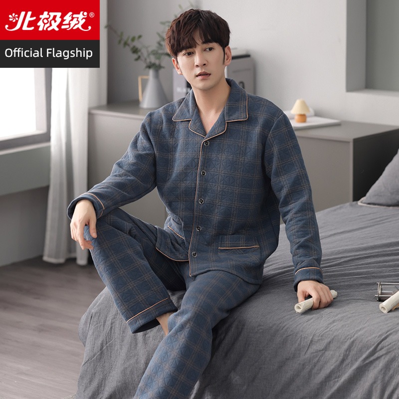 man Spring and Autumn pure cotton thickening Big size interlayer pajamas