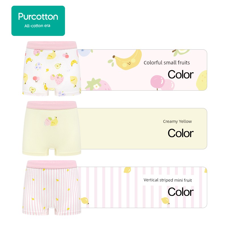 Purcotton Children's Boxer Briefs for Boys and Girls, Girls' Pure Cotton A-Class Shorts, 100% Cotton, 3-Pack — 3