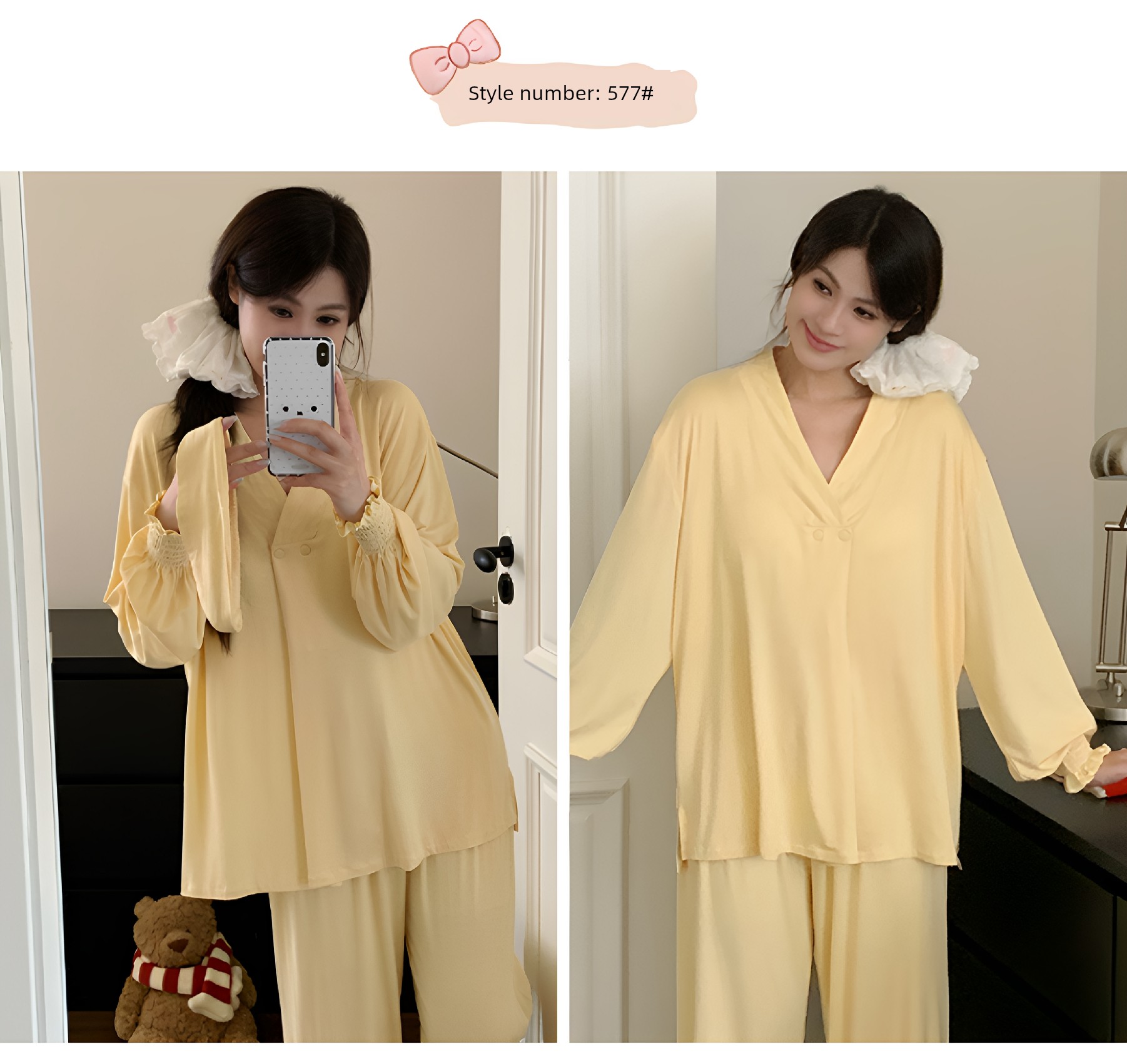 Free Hairband with Modal Maternity Pajamas for Women, Spring and Autumn Cool Nursing Postpartum Wear, Summer Thin Style with Breast Pads for Home Use — 20