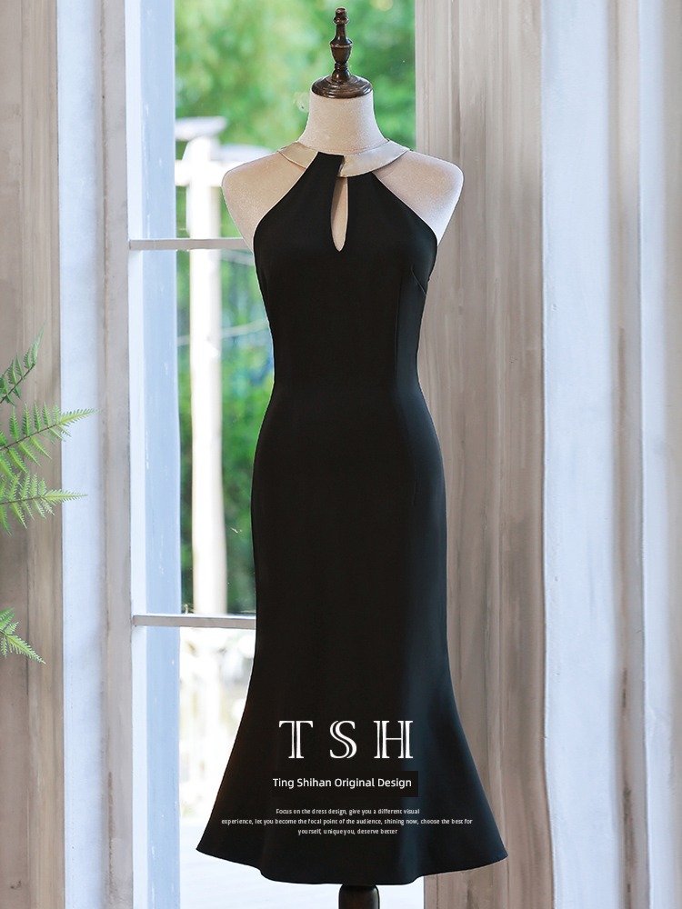 black Advanced sense host Fishtail skirt Small Evening dress