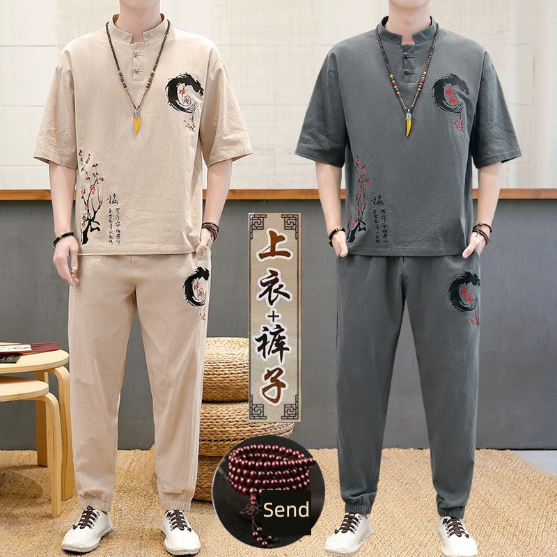 tide Chinese style man Short sleeve The new pure cotton flax