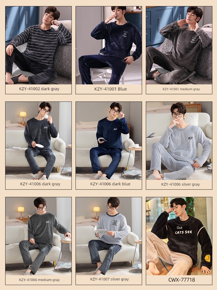 man Autumn and winter Flannel thickening Two piece set pajamas