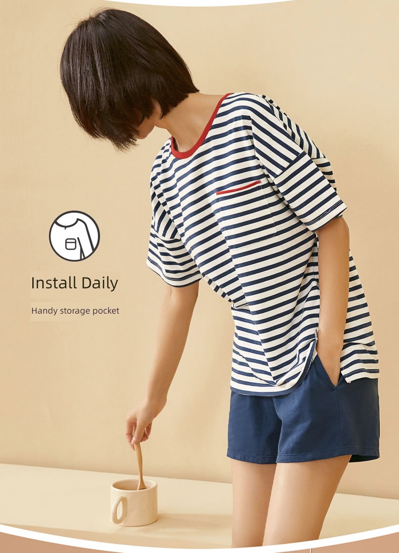 cotton material lovers Short sleeve ma'am stripe Spring and summer Red bean