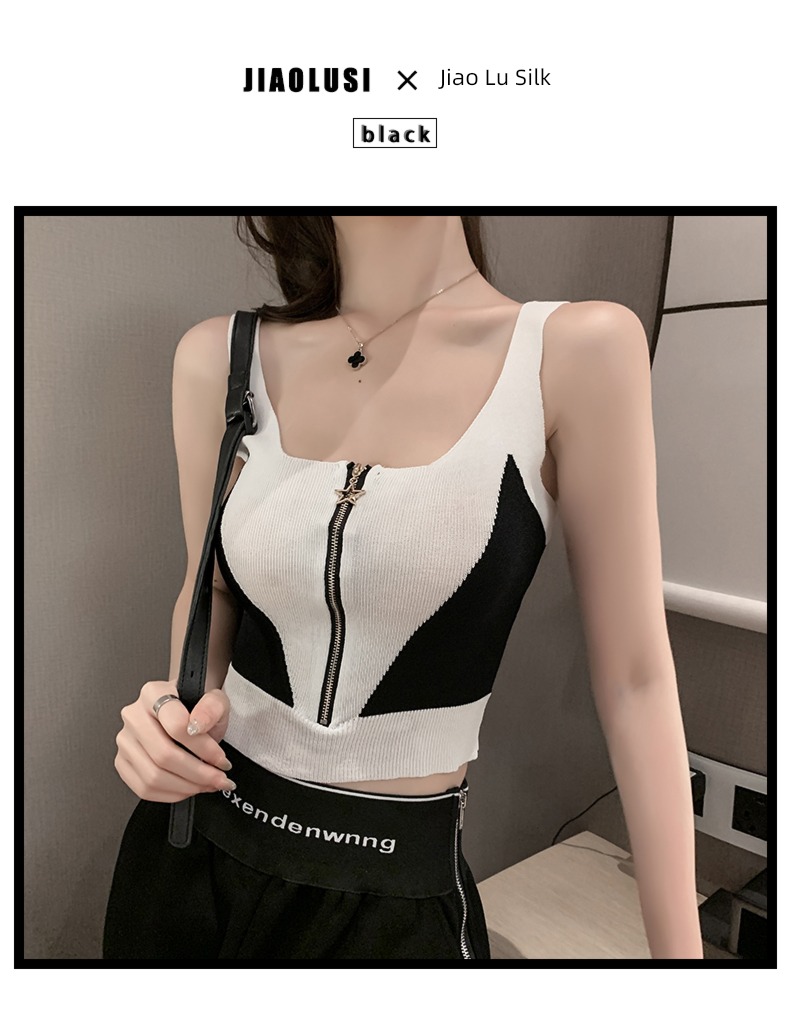Retro Color contrast Exposed navel camisole Sleeveless jacket Vest
