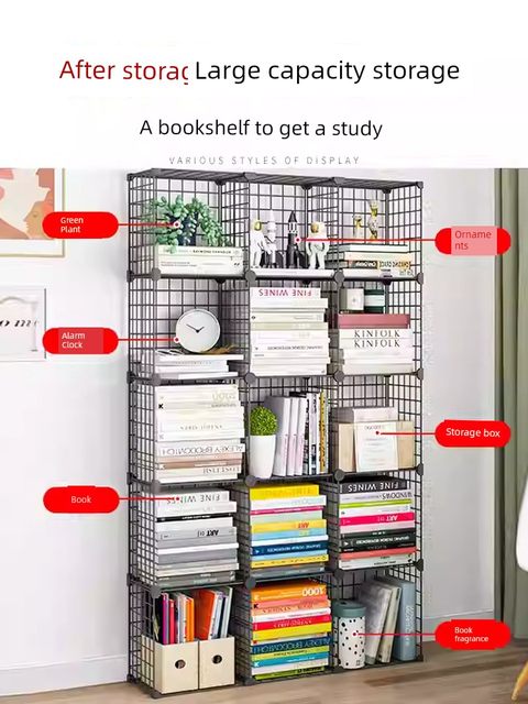 Understairs storage cabinet bookcase with door dustproof free combination lattice iron storage cabinet simple bookshelves