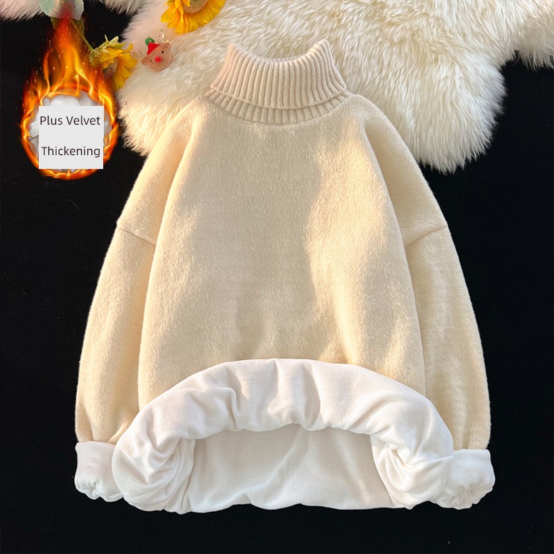 High collar sweater male Winter money Plush solar system Lazy wind Retro Thick and solid Inner lap Sweater lovers loose coat Advanced sense