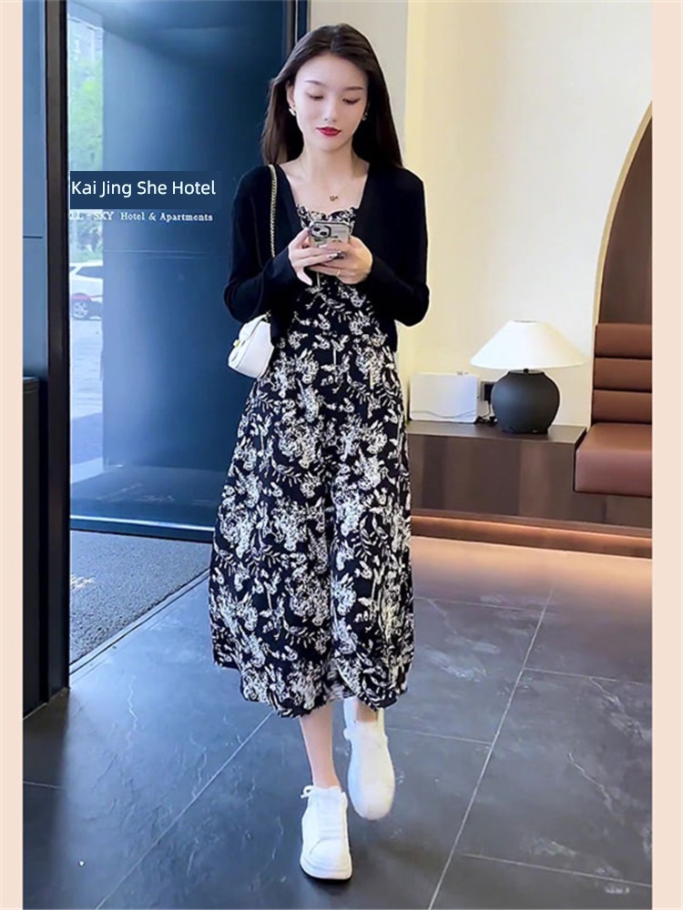 Autumn and winter temperament Goddess braces skirt knitting Cardigan