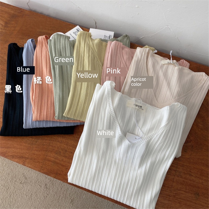 Thin money easy Show thin Half sleeve stripe V-neck Ice silk T-shirt