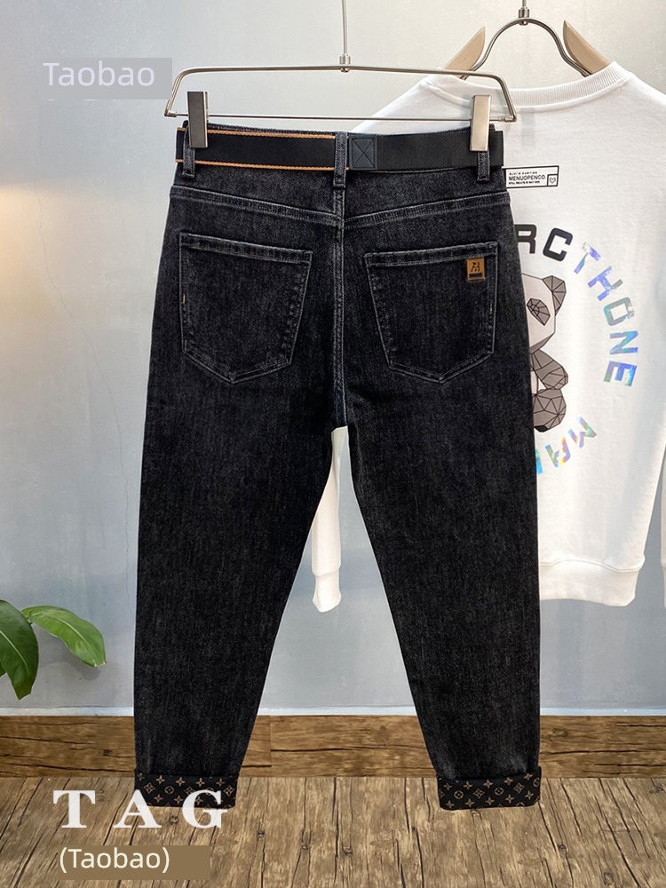 Chaopai high-end Autumn and winter Plush Embroidery printing Jeans
