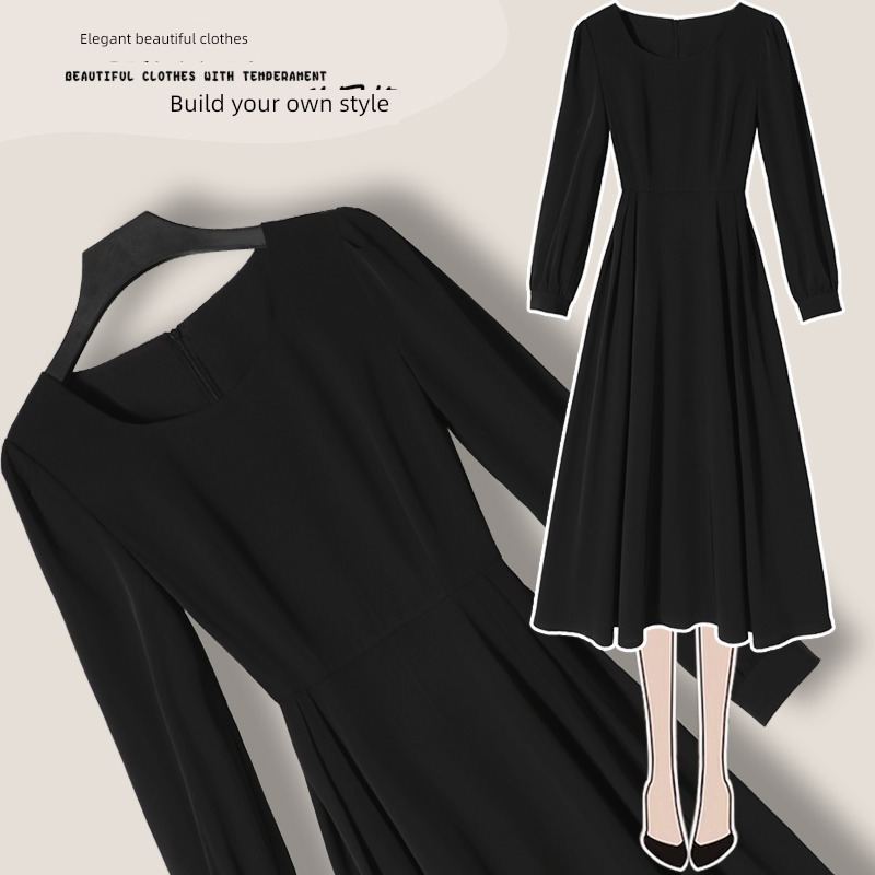 A lady of temperament black The new Show thin Long sleeve Dress