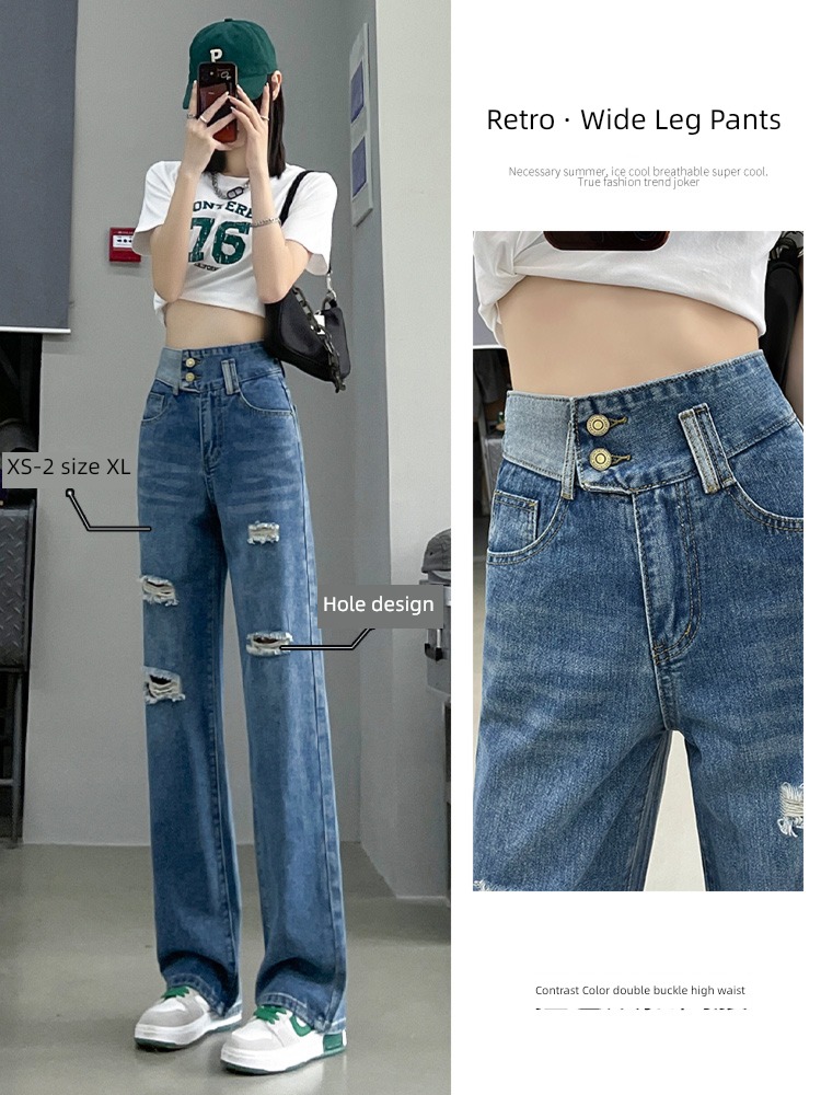 Retro hole autumn High waist easy Sagging sensation Jeans