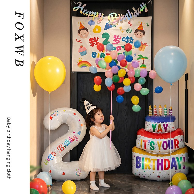 Birthday Scene Decoration for 2-Year-Old Boys, Children, and Babies, Happy and Ceremonial Atmosphere, Little Girl Atmosphere Background Hanging Cloth 3