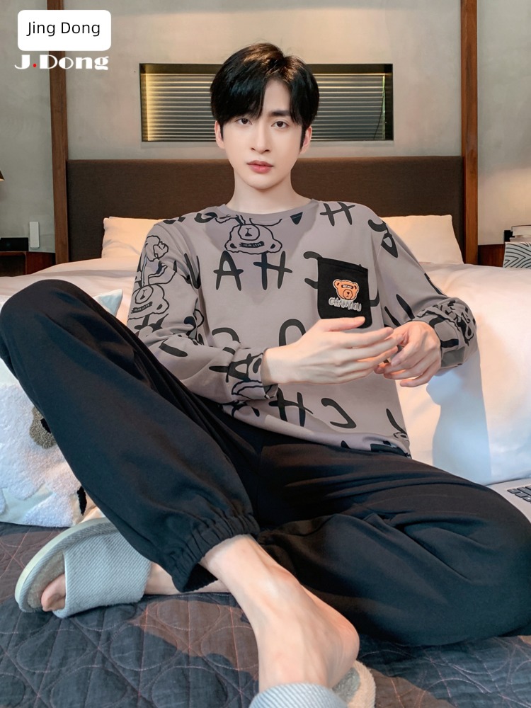 male Spring and Autumn teenagers Cotton Round neck Big size pajamas