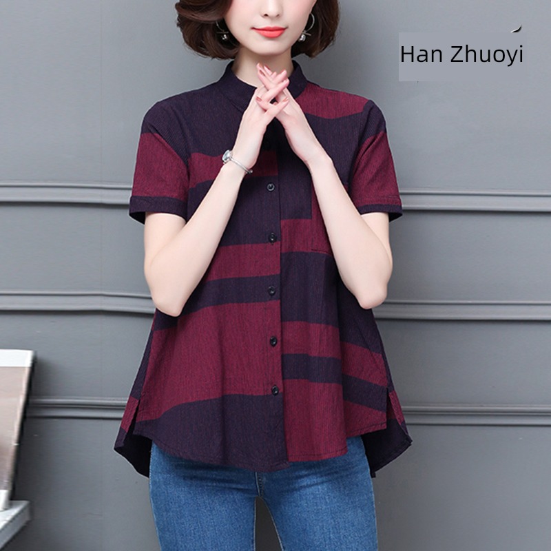 ma'am summer wear easy Cover your belly Retro flax shirt