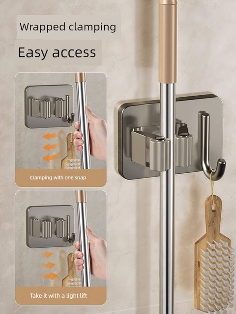 Mop hook without hole punching bathroom storage tool sticky hook broom hanger powerful adhesive wall hanging mop clip