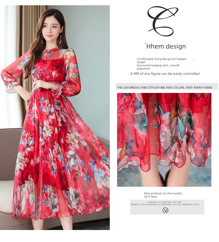 2022 early spring skirt autumn Taiwan new pattern Women's wear temperament Retro Dress Broken flower Chiffon Big swing longuette
