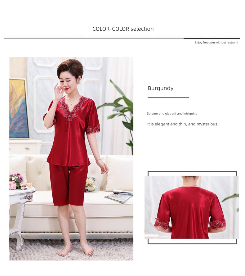 middle age mom summer Short sleeve Ice silk ma'am pajamas