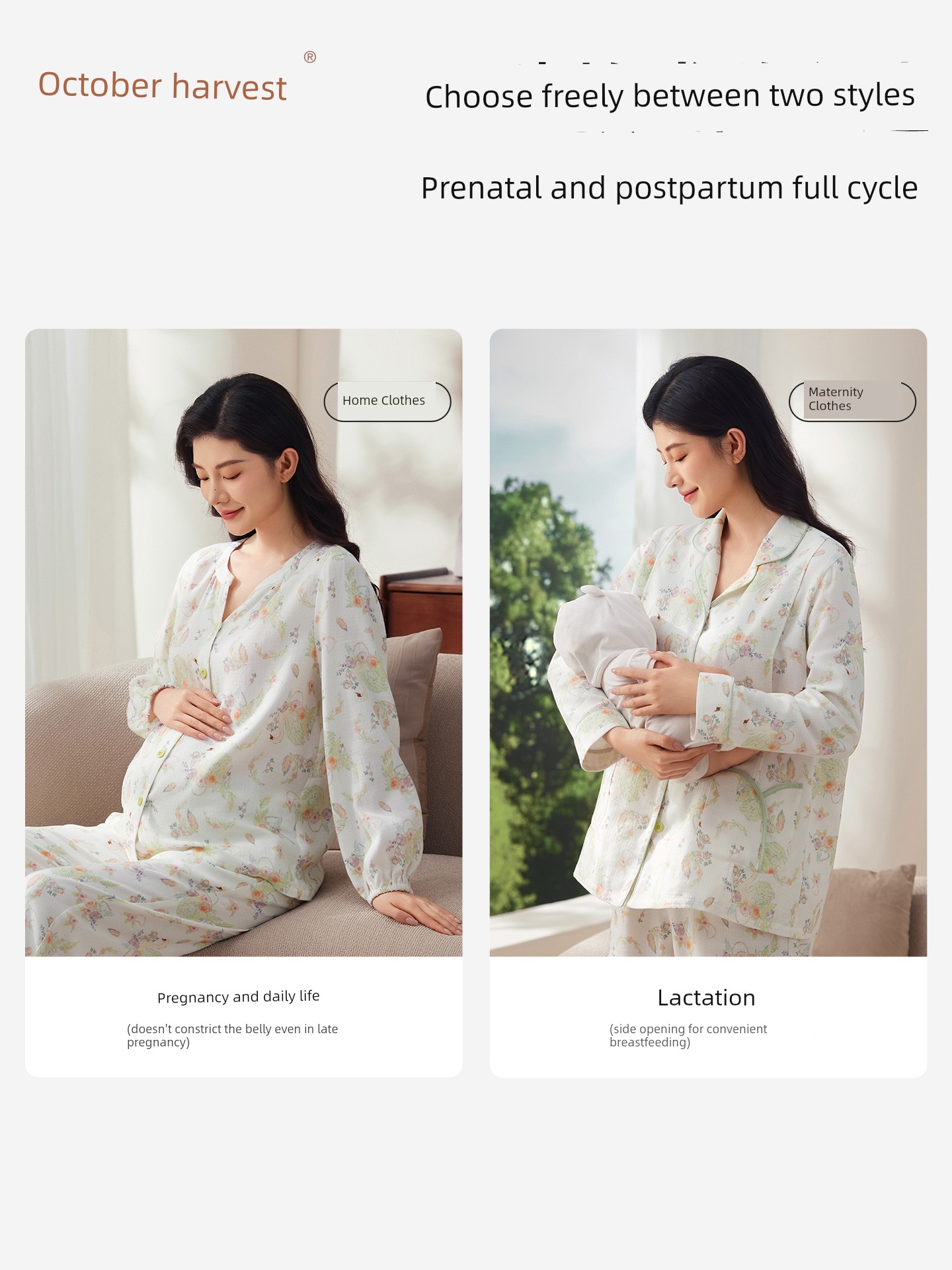 October Crystal Bamboo Cotton Cloud Gauze Maternity Pajamas Homewear Set for Pregnant and Postpartum Women, Nursing Sleepwear, Autumn Style for Women — 3