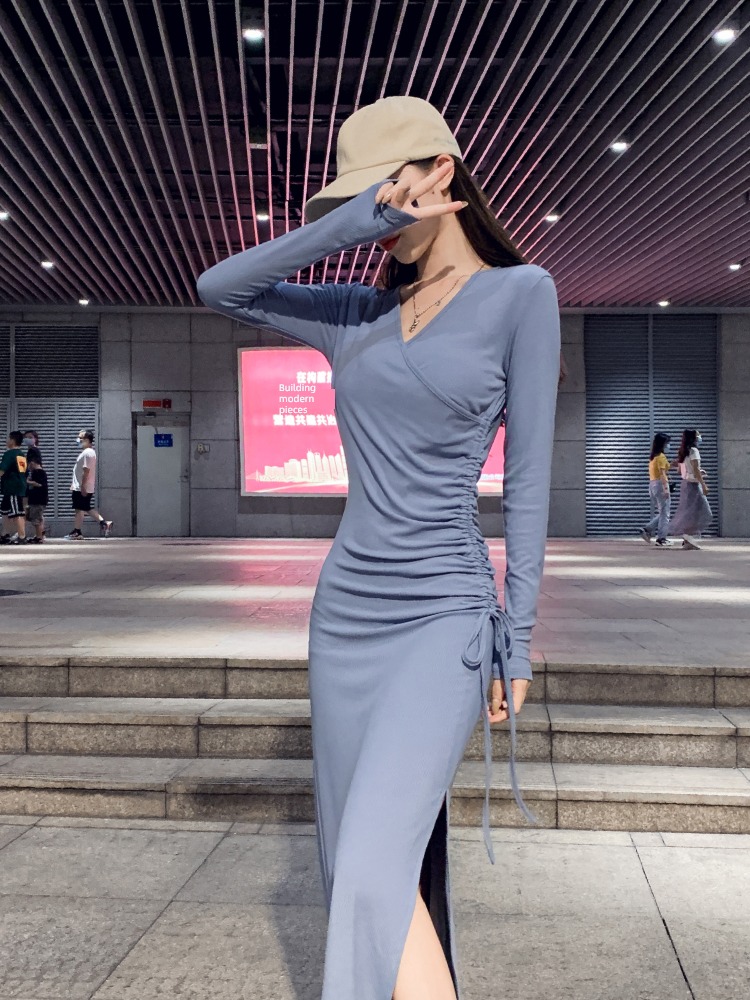 temperament Close your waist sexy Tight fitting Side split Dress