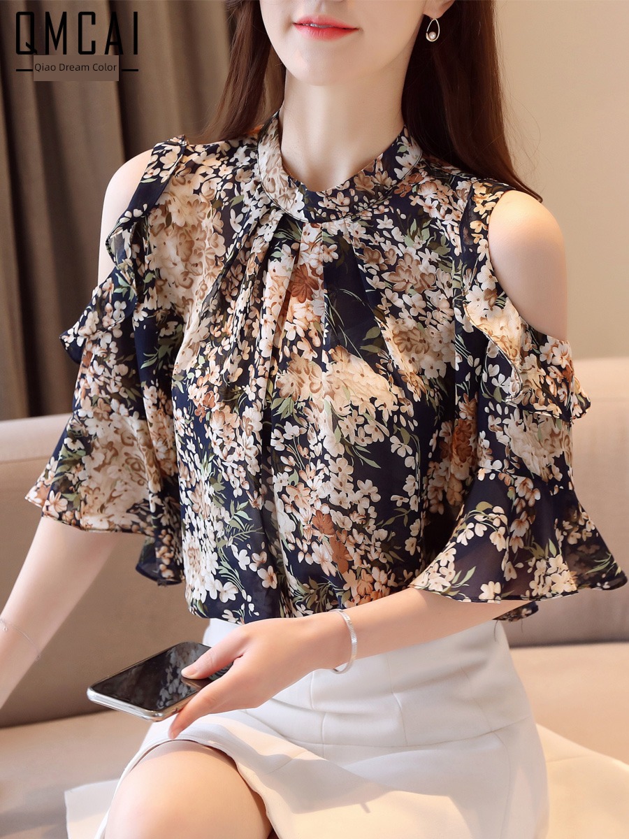 Short sleeve summer wear Foreign style Leaky shoulder jacket Chiffon shirt