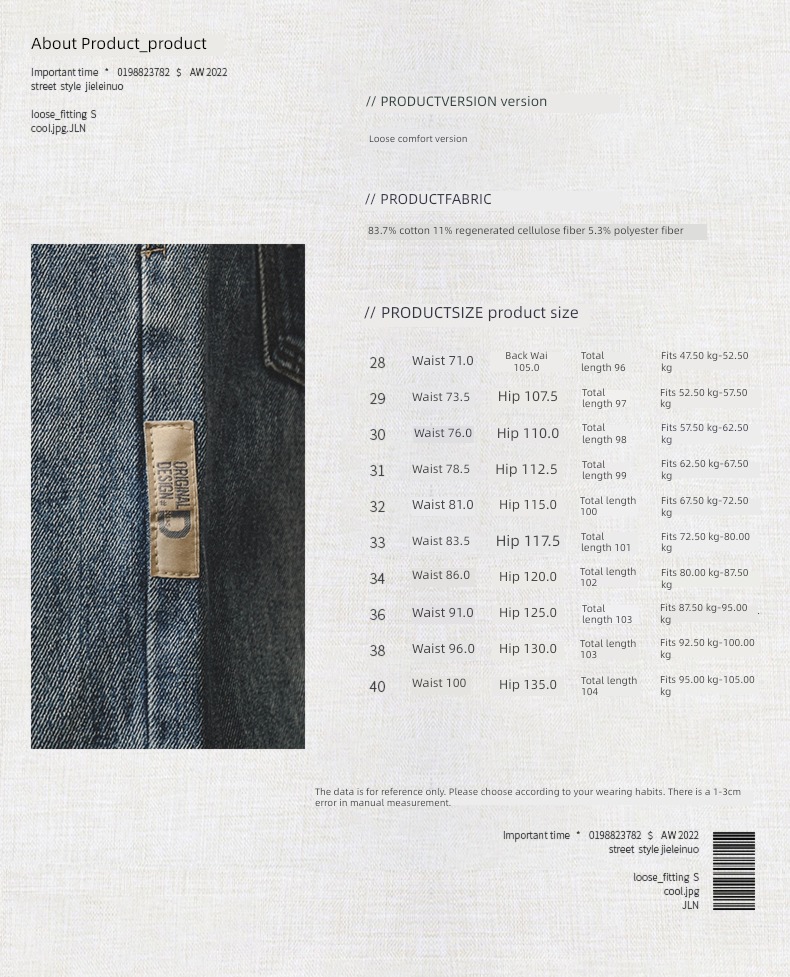 Jereno blue autumn easy Big size Jeans