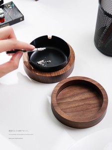 Solid Wood Ashtray with Lid, Anti-Fly Ash, Stainless Steel, Household Antique-Style, for Living Room, Bedroom, Coffee Ta