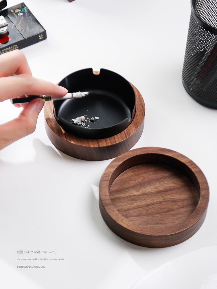 Solid Wood Ashtray with Lid, Anti-Fly Ash, Stainless Steel, Household Antique-Style, for Living Room, Bedroom, Coffee Table, Retro Ashtray, Walnut Color