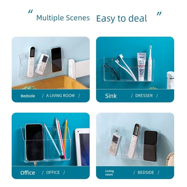 Wall-mounted remote control storage box Mobile phone charging without punching transparent storage box Bedside multi-function storage rack