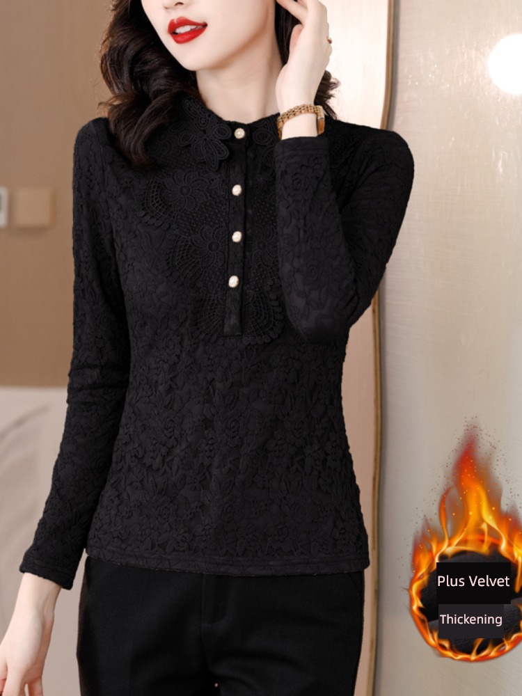 black Lace Plush Undershirt female winter 2022 new pattern fashion Foreign style Age reduction mom Inner lap jacket Small shirt