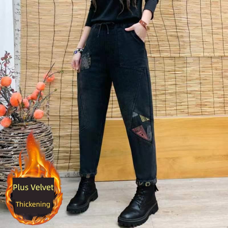 Retro Make old washing Plush Jeans female Autumn and winter Paste cloth printing Haren pants easy leisure time Show thin Daddy pants