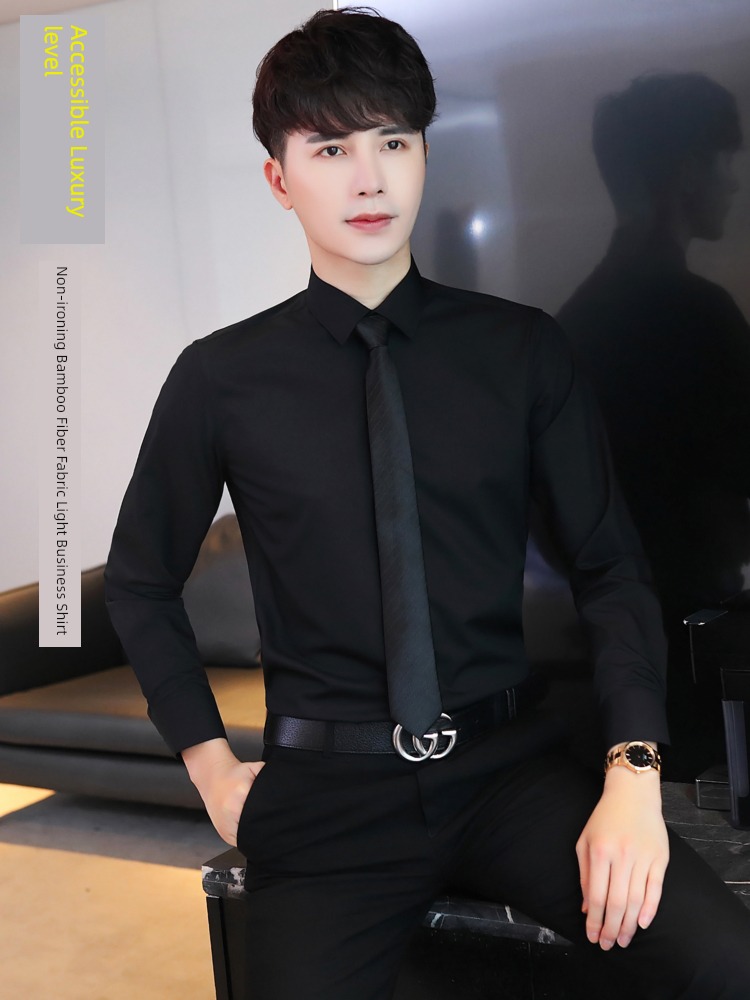 Inch shirt Anti wrinkle No iron Pure black Long sleeve leisure time shirt