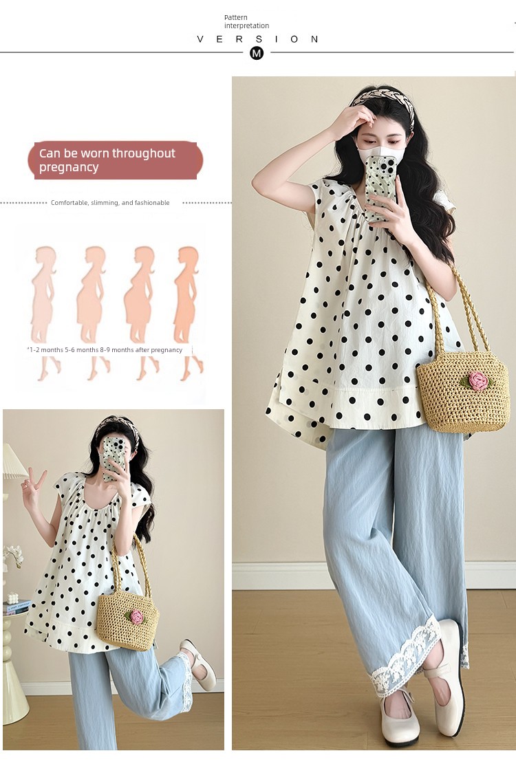 Maternity Outfit Summer 2026 New French Style Pregnancy Wear, Top to Cover Belly and Wide-Leg Pants Two-Piece Set, Thin Style — 5