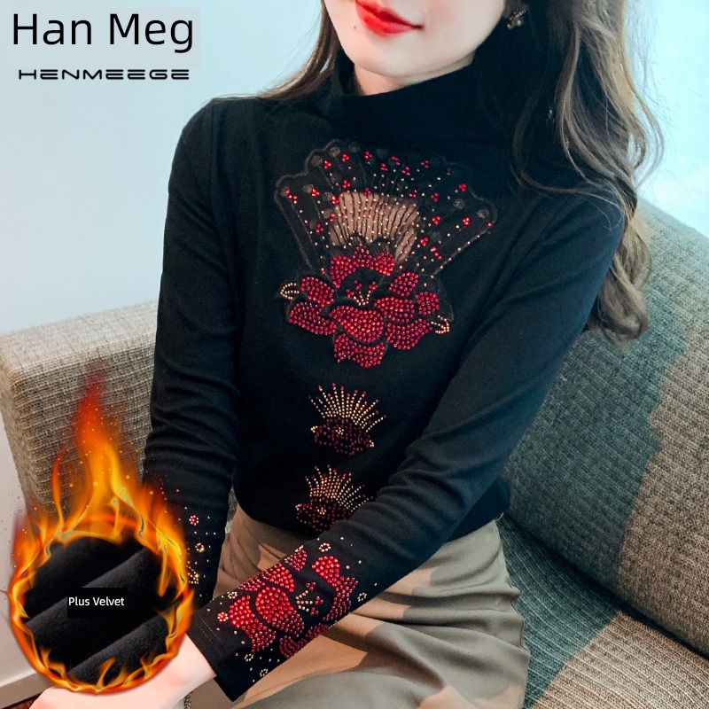 Half high collar Derong Undershirt ma'am Long sleeve Autumn and winter 2022 new pattern Inner lap Hot drilling Plush T-shirt keep warm jacket