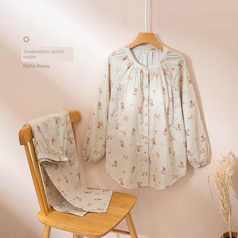 Gauze Postpartum Clothing, Summer Thin Style, Double-Layer Pure Cotton Nursing Home Wear, Breastfeeding Maternity Pajamas for Women, Spring and Autumn — 1