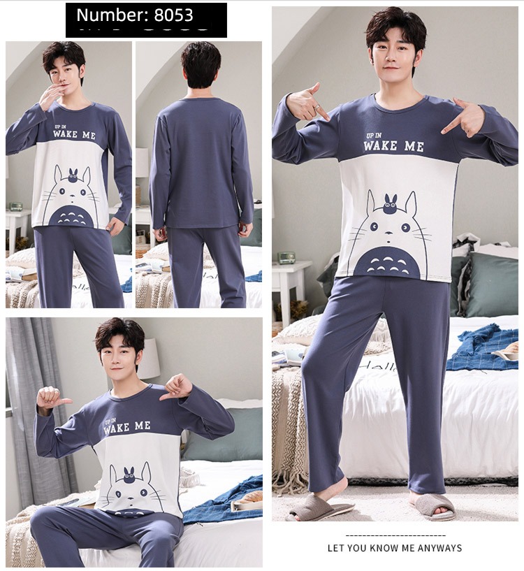 male Long sleeve Cotton Big size Autumn  summer suit pajamas
