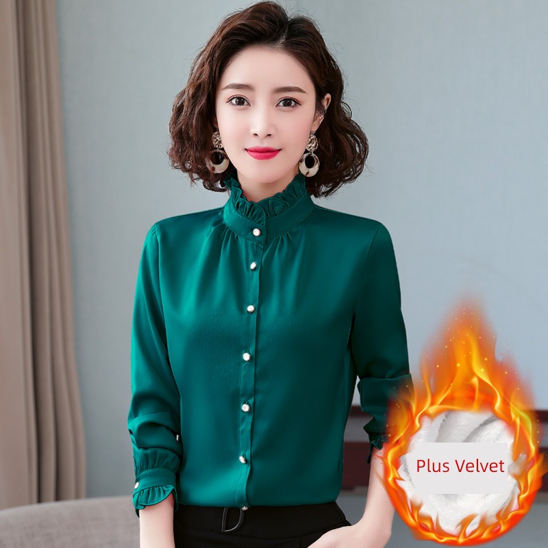 Plush stand collar shirt Versatile Chiffon Long sleeve Undershirt