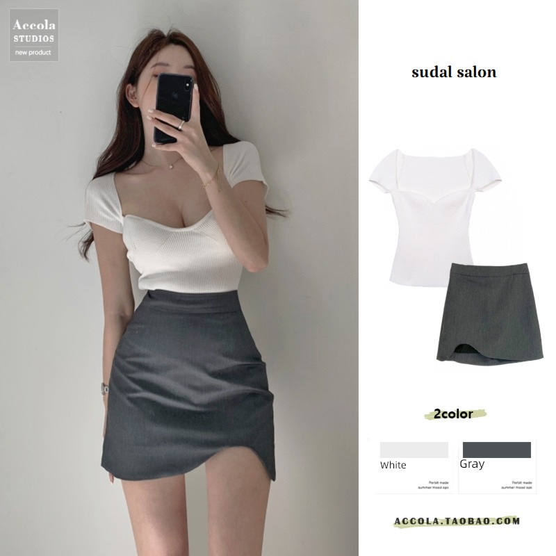 Spring and summer sexy knitting T-shirt Two piece suit Short skirt
