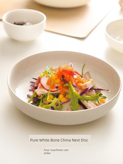 Longmeige pure white bone porcelain 7-inch nest plate deep plate stir-fry soup plate round plate ceramic household plate tableware