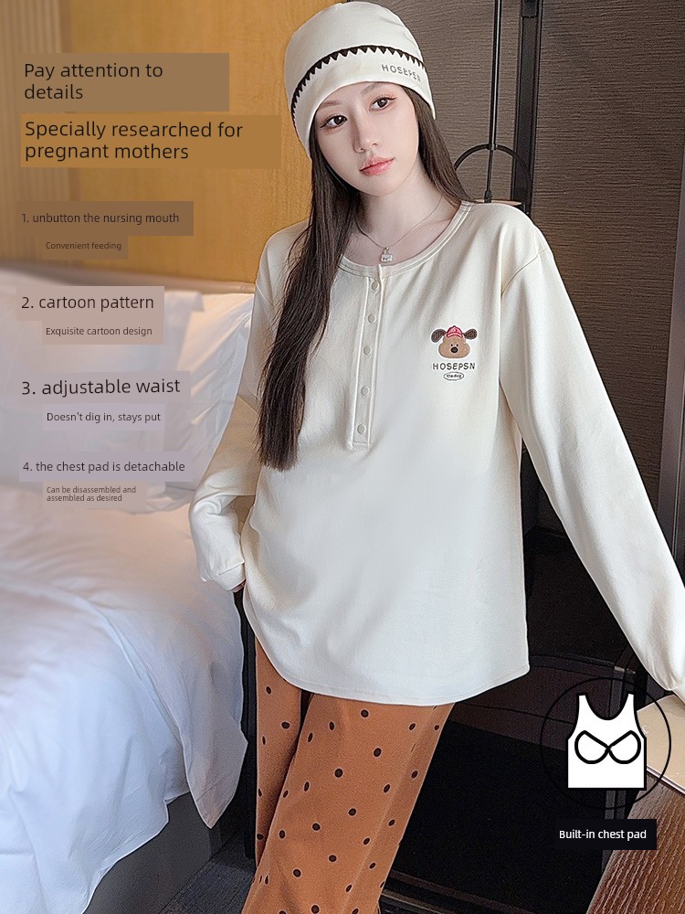 Free Hat with Winter Maternity Wear, Pure Cotton Nursing Pajamas, Spring and Autumn Postpartum All-Season Maternity Loungewear Set — 3